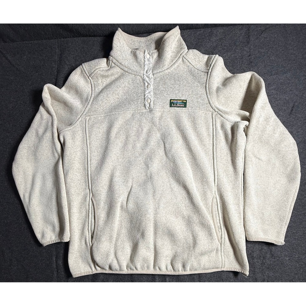 LL Bean Sweater Fleece Pullover Womens Large Oatmeal Snap Neck